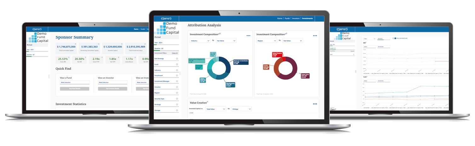 Three laptops displaying graphics on their screens